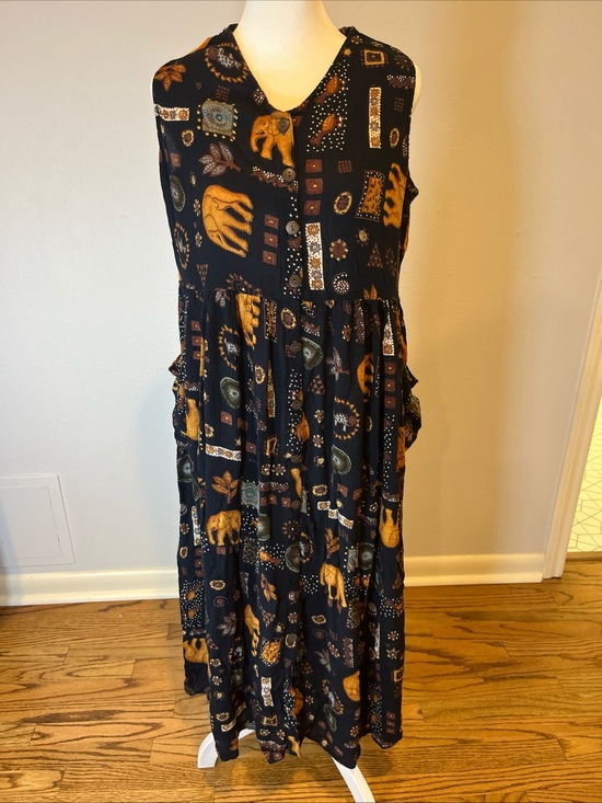 Bila Dresses & Skirts - Btg Bila Midi Dress Womens L Boho Hippie Elephants Button Front Sleeveless Baggy